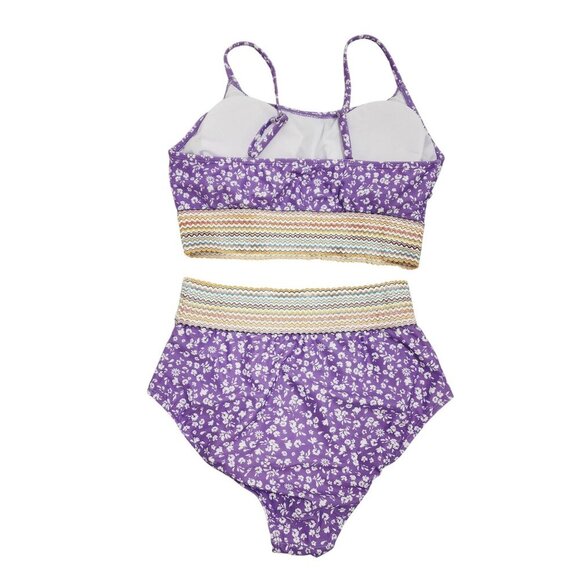 Purple Floral High Waist Bikini Set Swimsuit Striped Band Size L - Picture 4 of 5